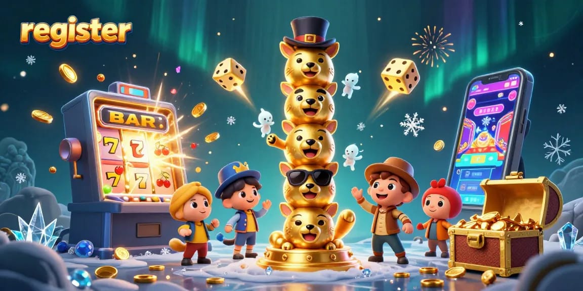 Register for vibrant casino action featuring colorful slot machines and festive elements.
