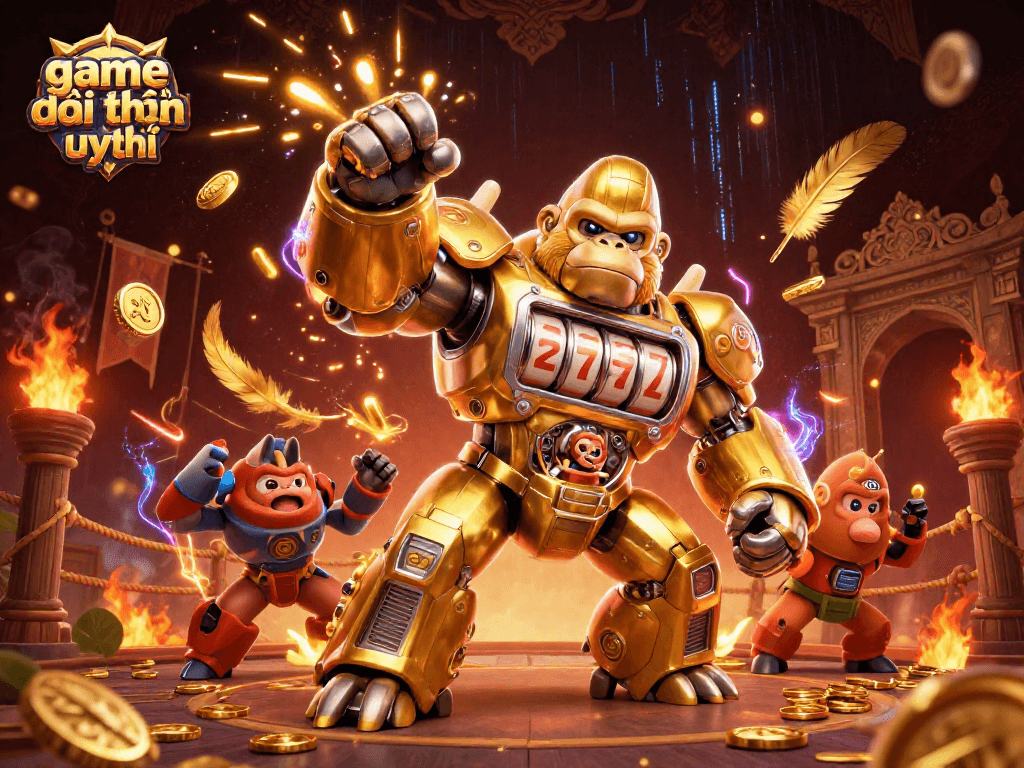 Play exciting games bài đổi thưởng uy tín with dynamic 3D illustrations of a golden gorilla mech and vibrant casino elements.
