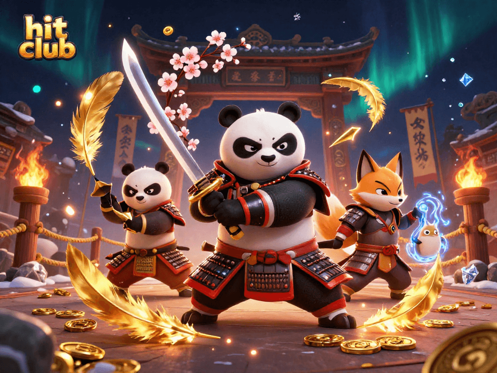 Engaging action scene from the hit club revealing gambling excitement with a panda samurai and ninja fox.