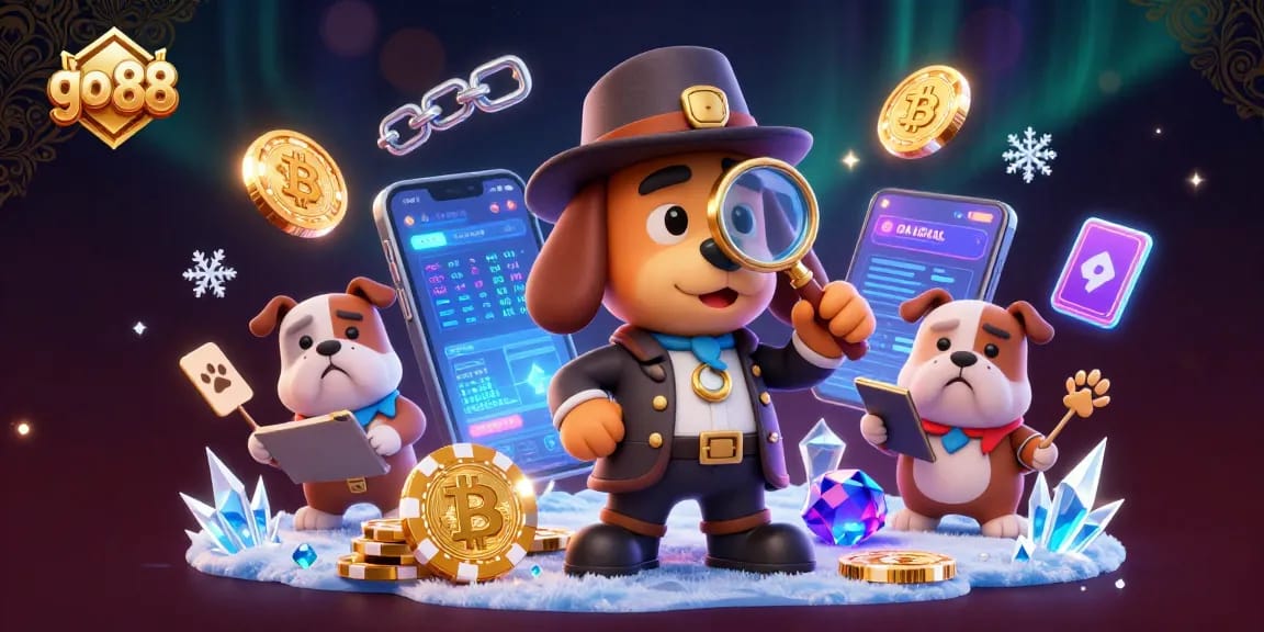 Experience the excitement of go 88 with a detective duo uncovering poker chip secrets amidst crypto symbols.