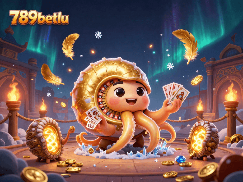 Capture the excitement of betting at 789betlu with a giant 3D nautilus and glowing ammonite in a lively casino illustration.