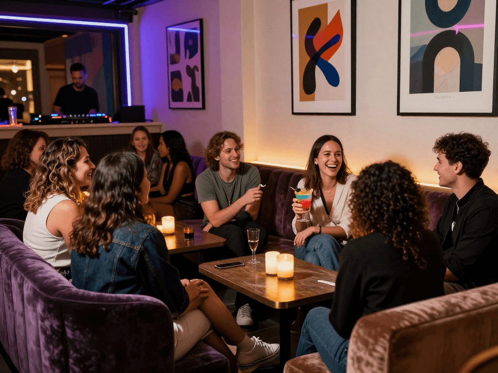 NSFW friendly nightlife scene with friends enjoying cocktails in vibrant urban lounge.