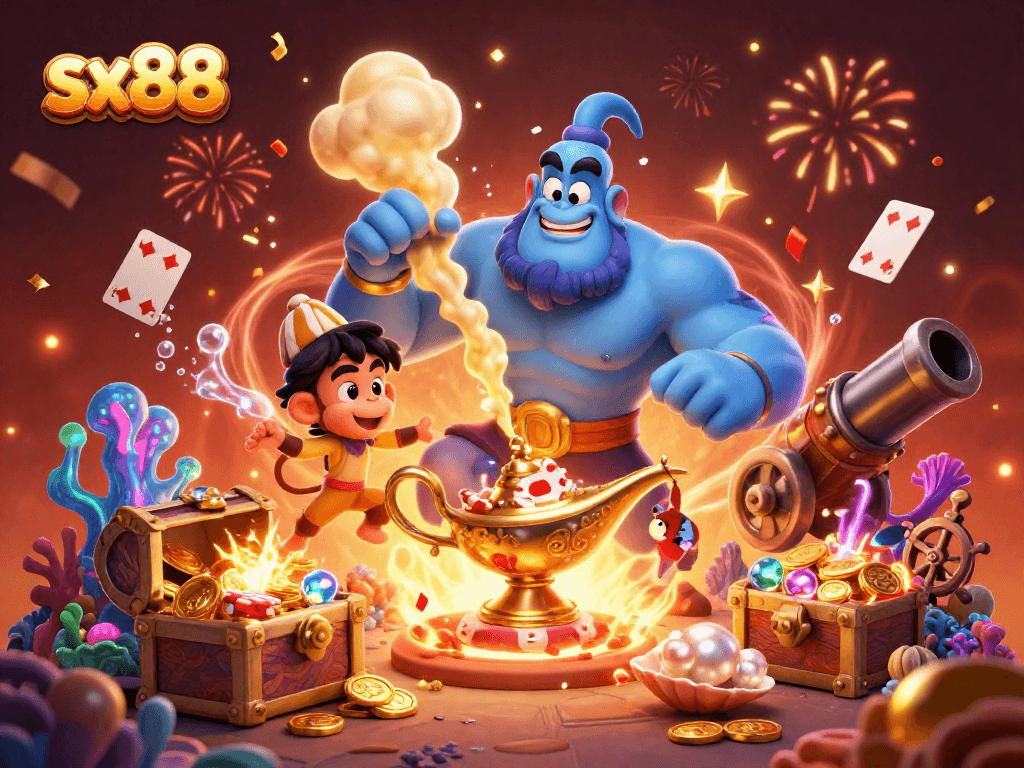 Engage in thrilling casino adventures with sx88, showcasing a genie, monkey, and poker chips in an exciting underwater setting.