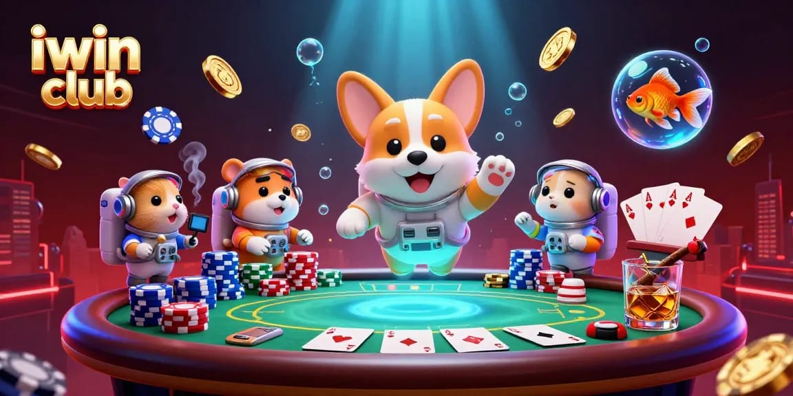 Engage in thrilling games at iwin club with a 3D cartoon illustration of a space-themed casino adventure.