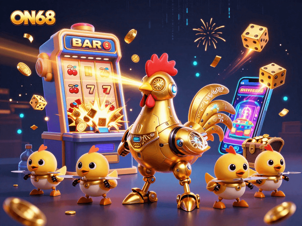 Watch ON68's golden rooster robot engaging in an exciting casino adventure, bursting with vibrant elements!