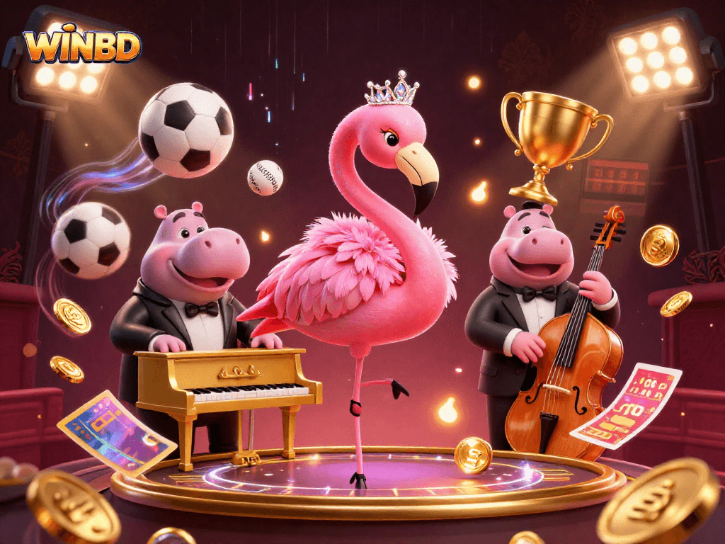 Engage with WINBD's thrilling casino experience through a vibrant 3D illustration featuring interactive elements.