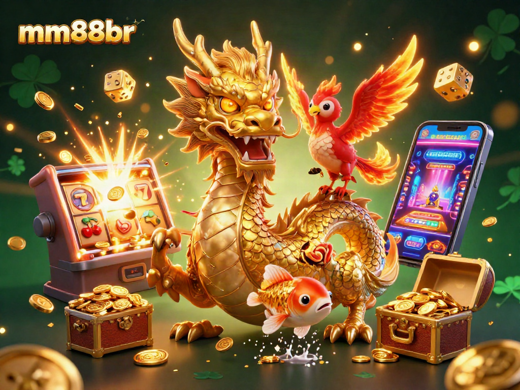 Experience thrilling gameplay with mm88br’s vibrant casino scene featuring a golden dragon, koi fish, and jackpot.