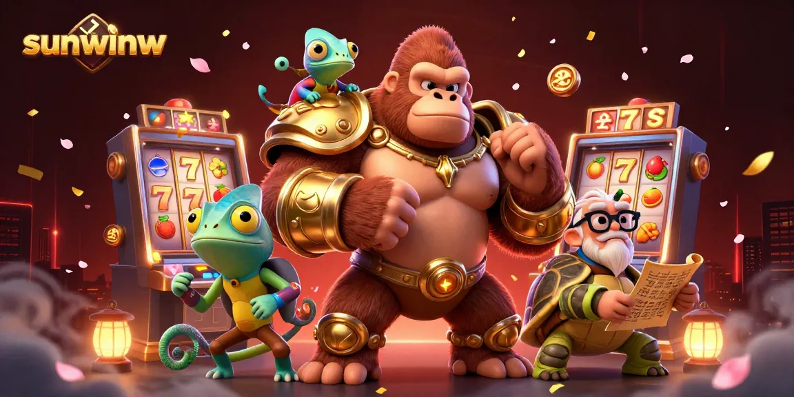 Spin and win with sunwinw as a powerful gorilla king strategizes in a vibrant casino scene.