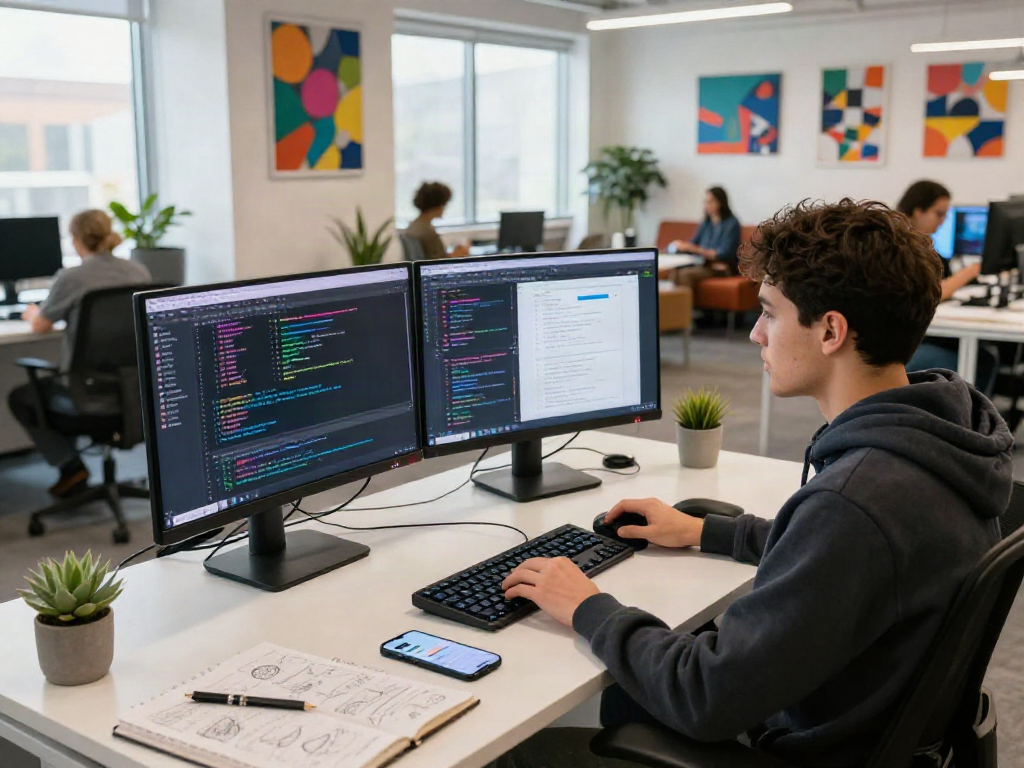 Developer coding for spicychat in a vibrant tech workspace filled with innovative tools and a collaborative ambiance.