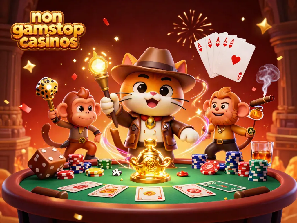 Engaging 3D scene depicting non gamstop casinos with an explorer cat discovering treasures amid casino-themed elements.