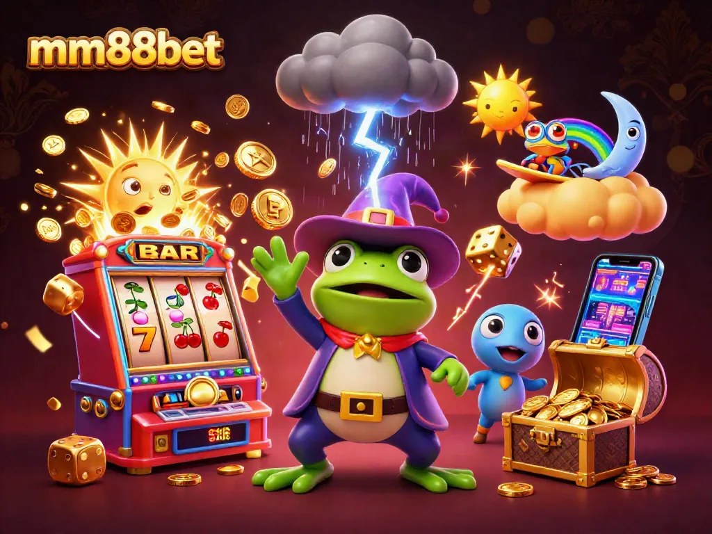 Engage with the mm88bet casino experience through an illustration of a wizard frog and chameleon amid gold coins and slot machines.