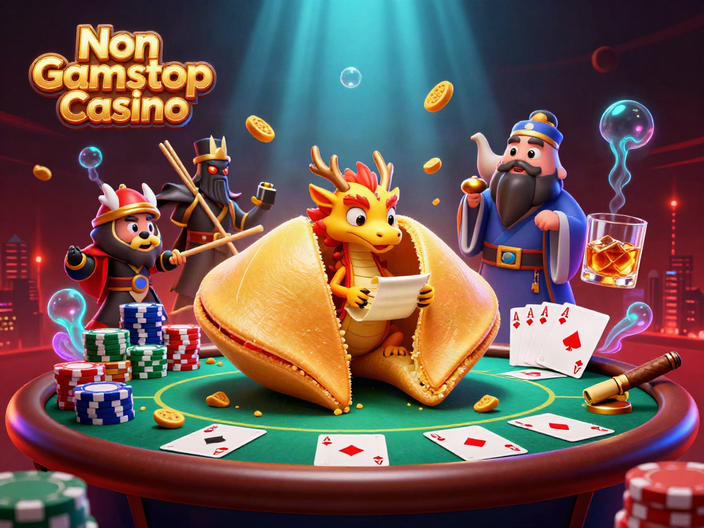 Experience the thrill at Non Gamstop Casino with a vibrant 3D scene featuring a golden fortune cookie, dragon, and poker elements.
