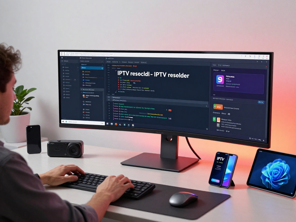 IPTV reseller panel showcased in a modern workspace, highlighting advanced dashboard features and innovative technology.