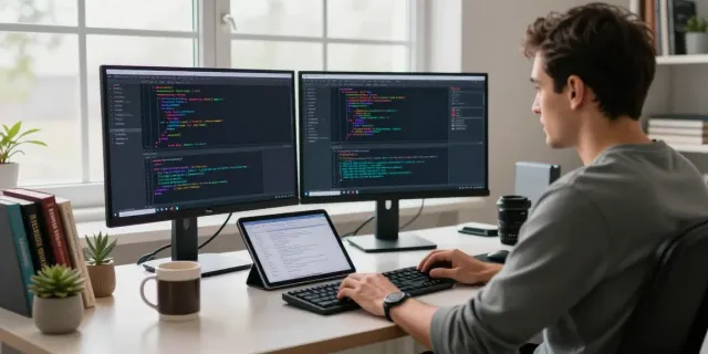 Instant indexing software development workspace with coding monitors and natural light