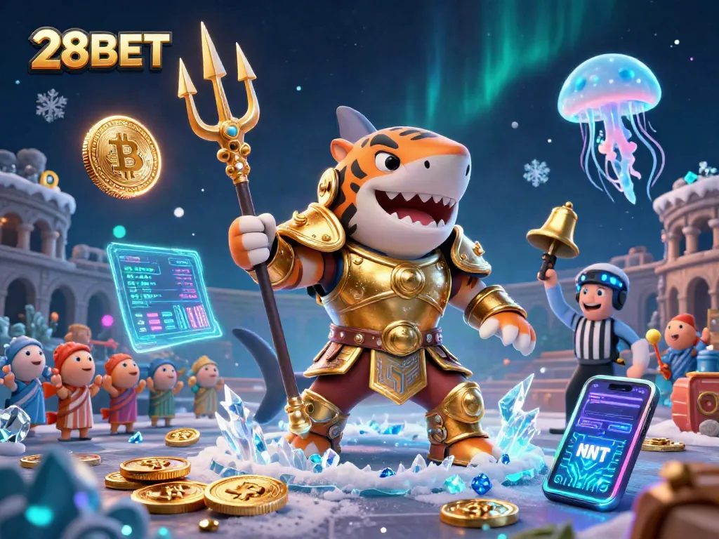 Engage with thrilling 28BET action in a packed underwater scene featuring a golden shark gladiator.