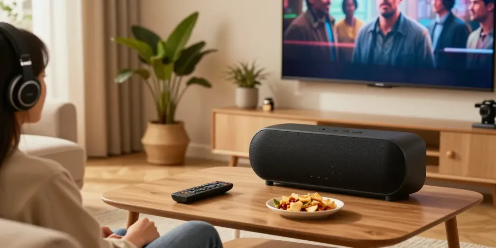 Cozy living room with Vision Speaker providing immersive sound experience.