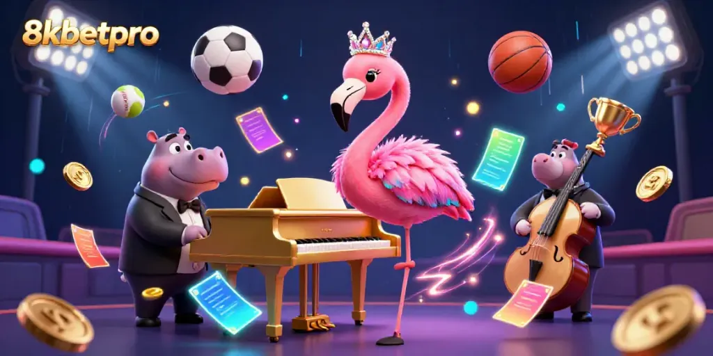 Engage in thrilling action at 8xbetpro featuring a vibrant casino scene with musical characters.