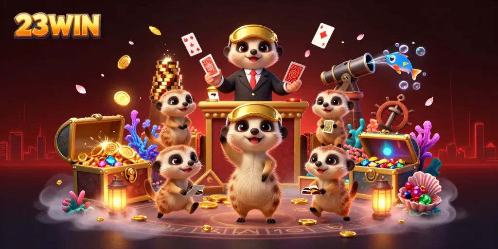 Experience the excitement of 23WIN with meerkats managing an elaborate casino, surrounded by dynamic game elements.