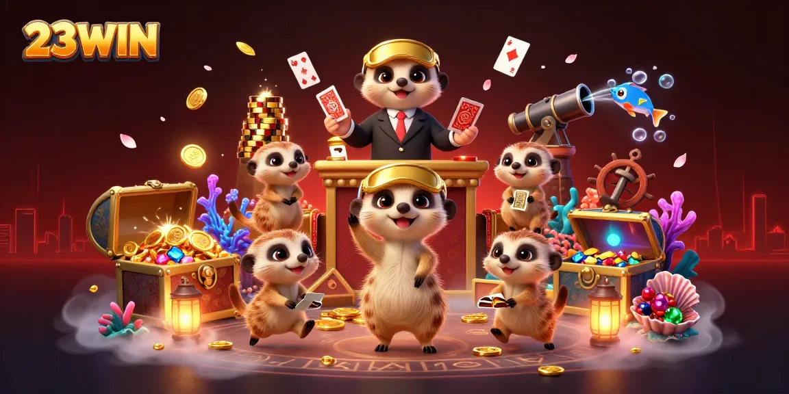 Experience the excitement of 23WIN with meerkats managing an elaborate casino, surrounded by dynamic game elements.