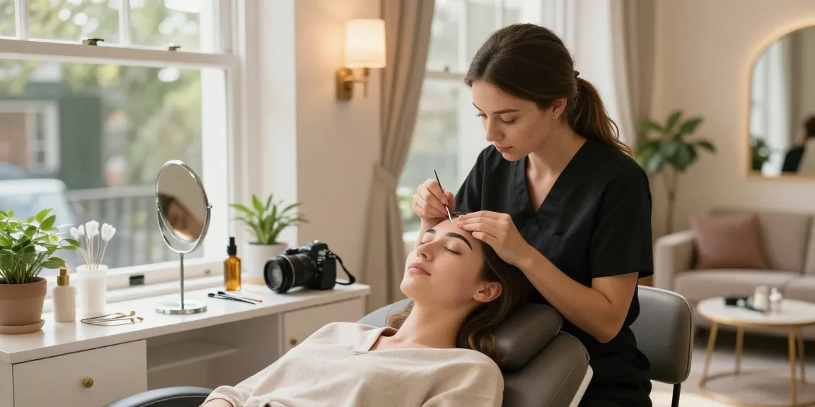 Eyebrow Threading Colchester service showcasing therapist threading a client's brows in a serene salon.