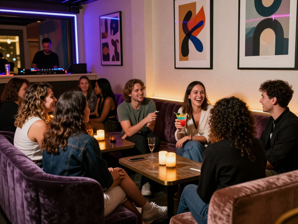 NSFW friendly nightlife scene with friends enjoying cocktails in vibrant urban lounge.