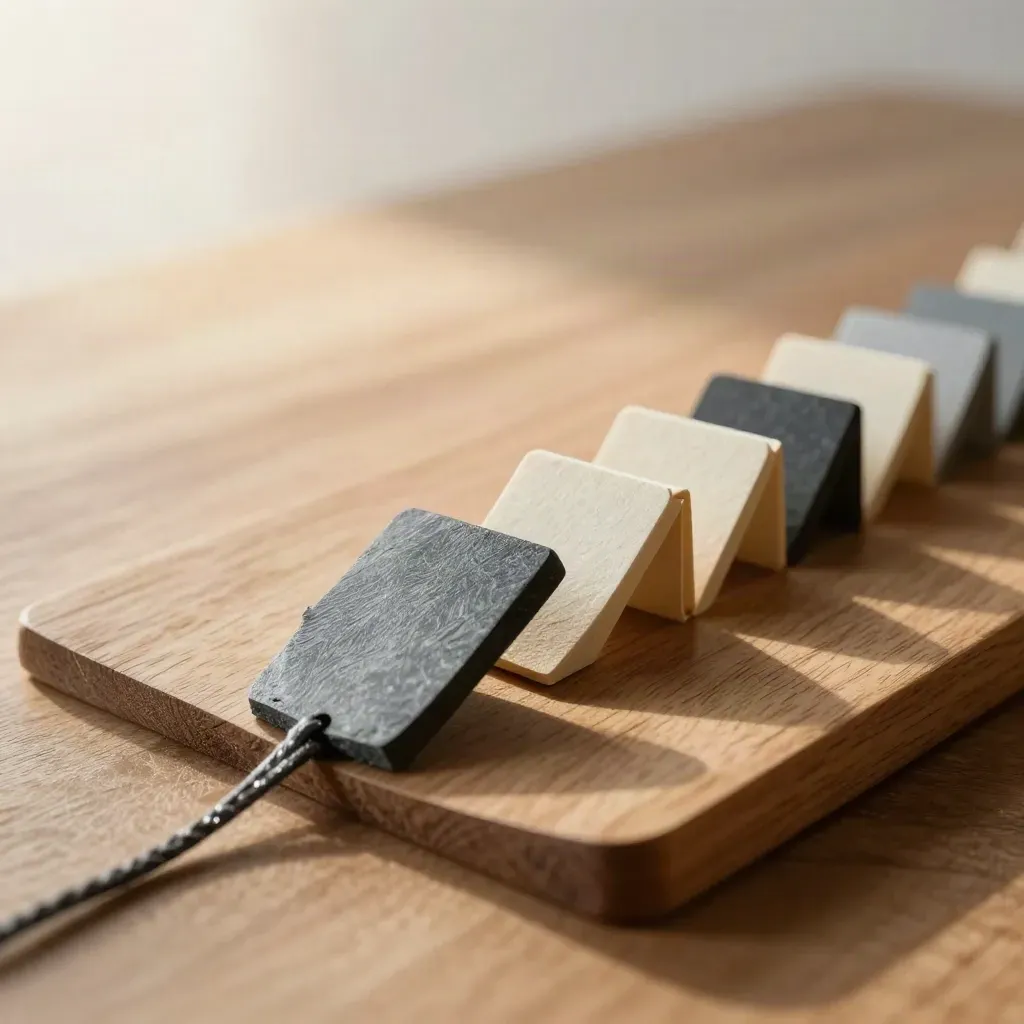 Slate task tokens and folded cardstock aligned by a taut cord on a matte wood surface.