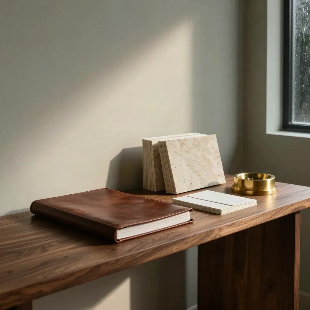 Walnut consulting studio still life with leather folio, stone samples and brass paperweight in rain light.