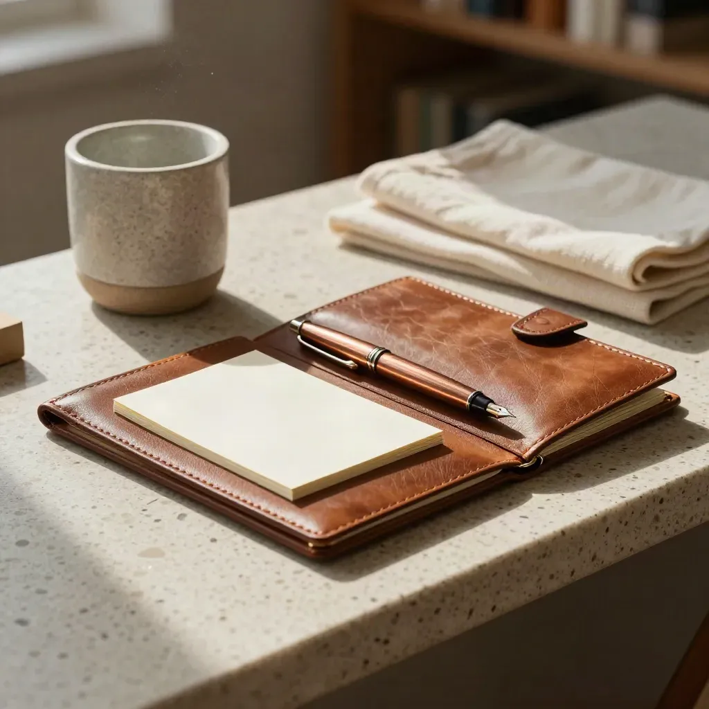 Leather folio, blank card and pen on stone console in soft daylight