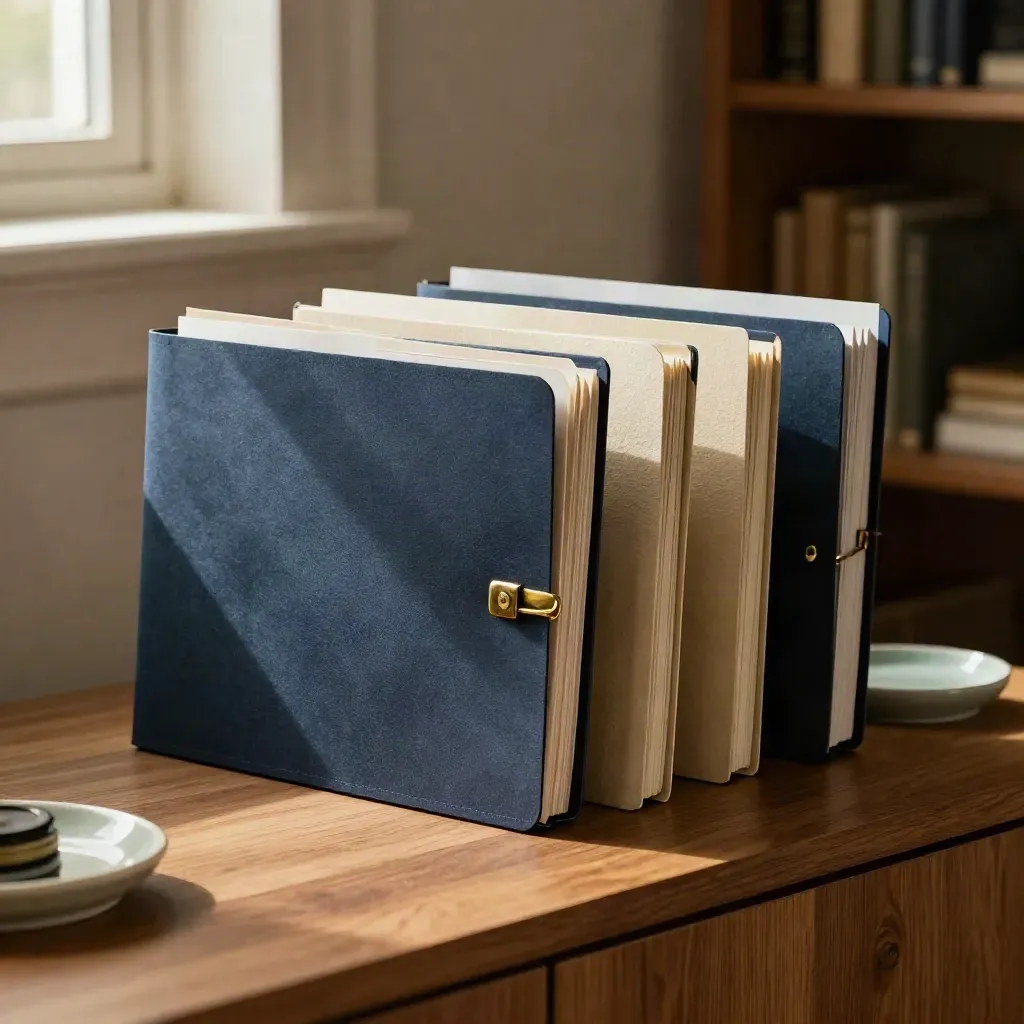 Three navy advisory folders, brass clip and ceramic tray on a warm oak credenza in soft afternoon light.