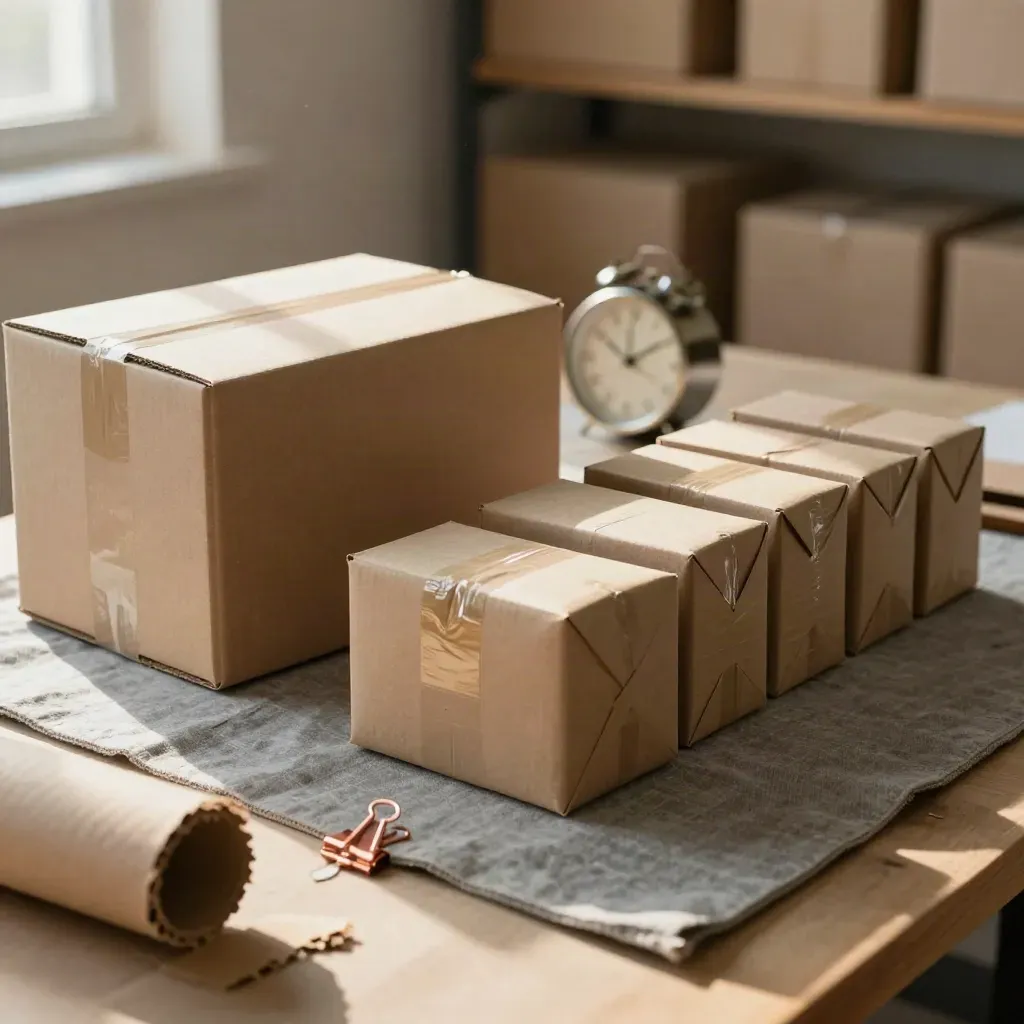 Prototype box, sealed carton, and shipping row on a warm packing bench in soft light.