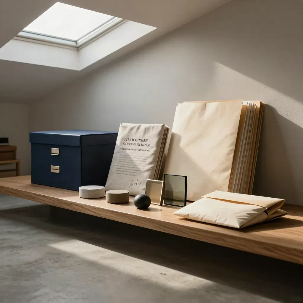 Editorial shelf in a consulting studio with portfolio box, client kit and sample objects in soft morning light.