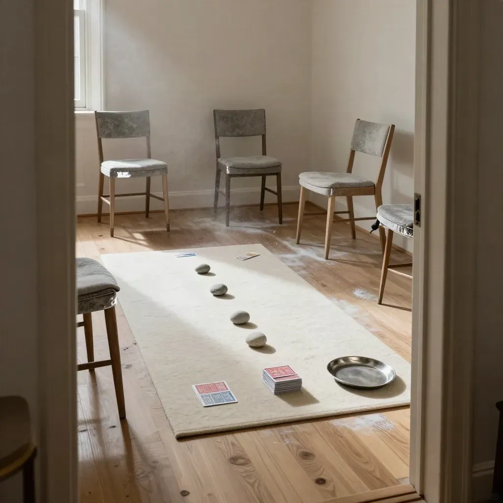 Empty workshop room with chairs pushed back, stones and cards arranged on an ivory mat in a shaft of light.