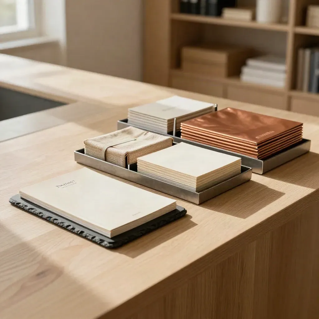 Three tactile service bundles on a warm consultancy counter in soft daylight.