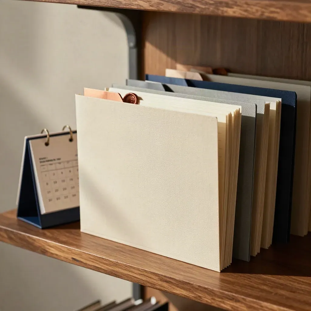 Shelf of monthly consulting folders beside a marked calendar block and sealed follow-up notes.