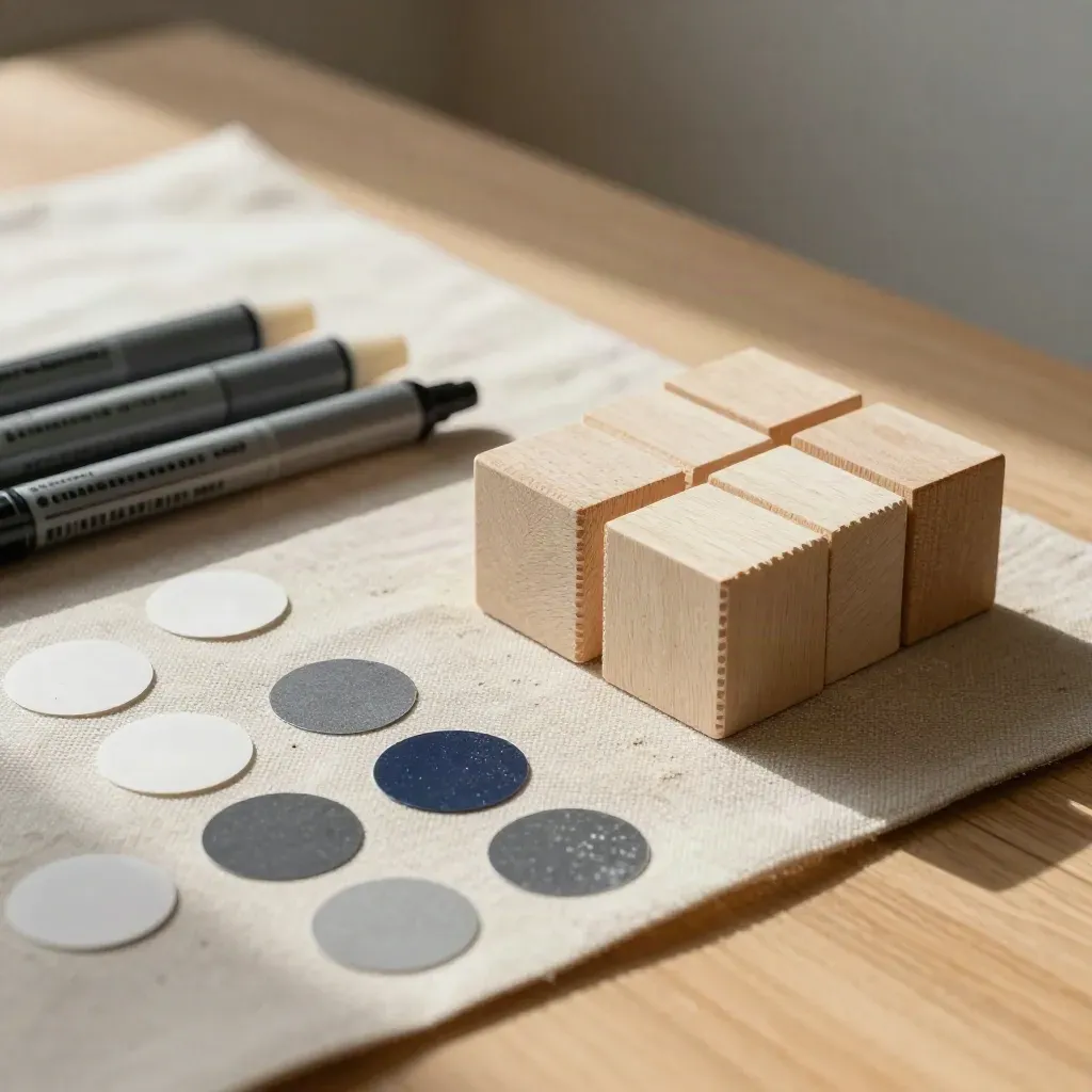 Macro of coloured dots, markers, and wooden blocks on a linen mat with chalk dust and diagonal light.