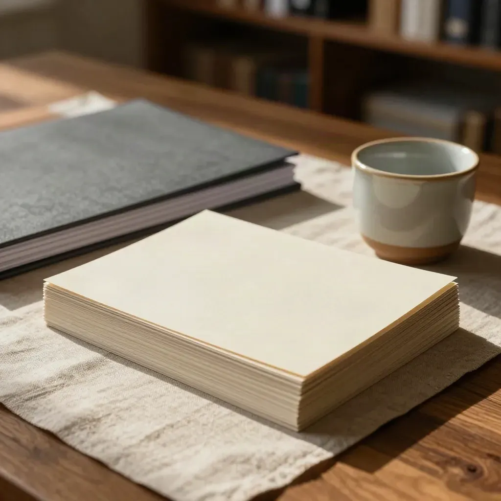 Cream swatch cards, a slate briefing folder and ceramic sample cup on linen in dramatic studio light.
