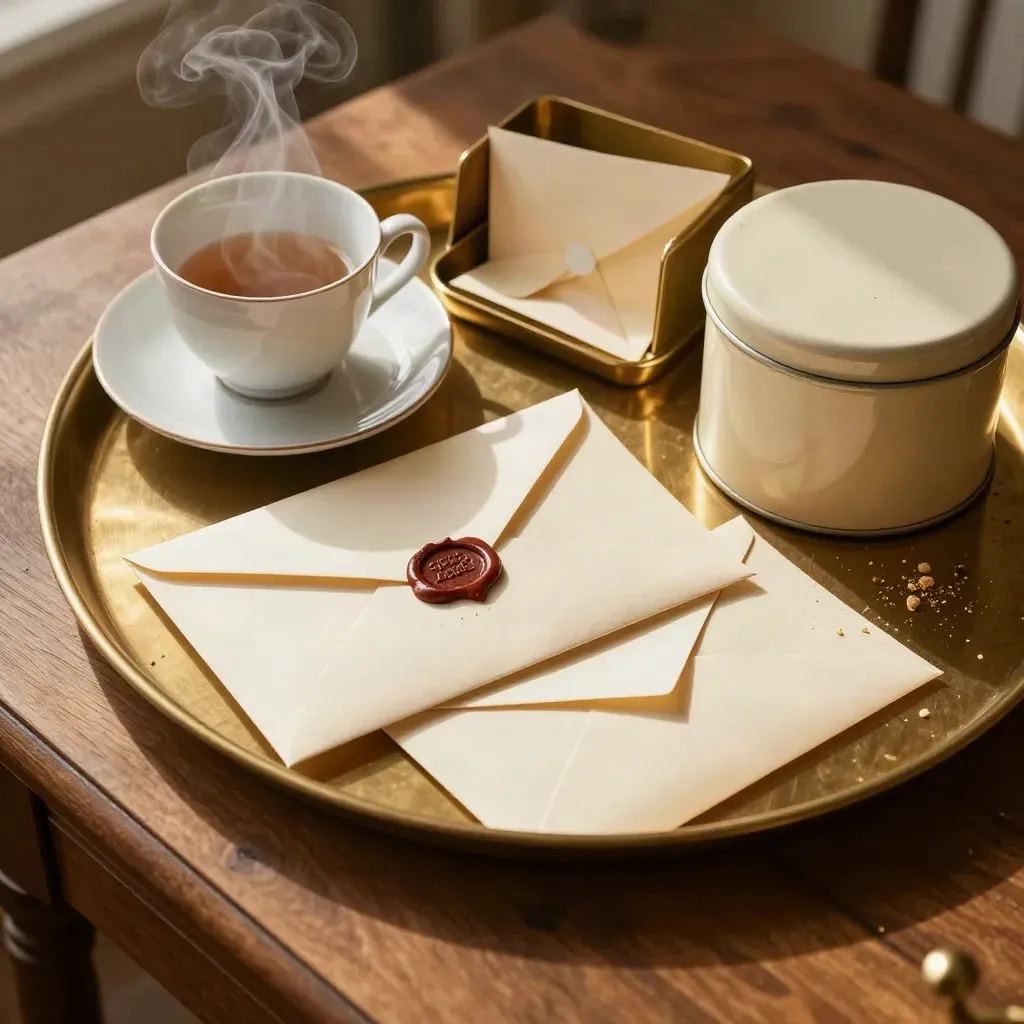 Overhead tea tray with envelopes, steaming cup, biscuit tin and brass inbox tray on oak.