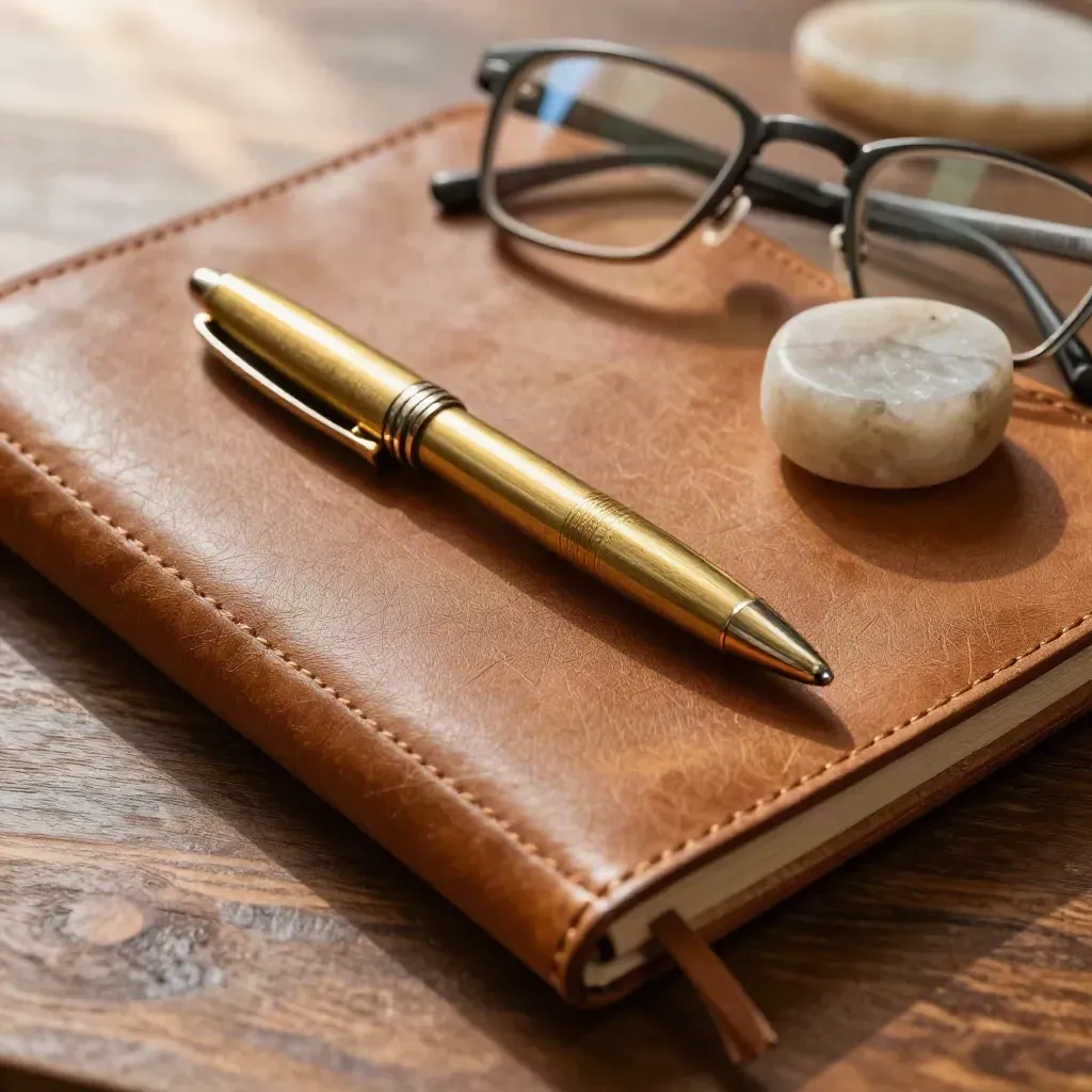 Macro still life of leather notebook, brass pen, glasses, and stone paperweight on walnut.