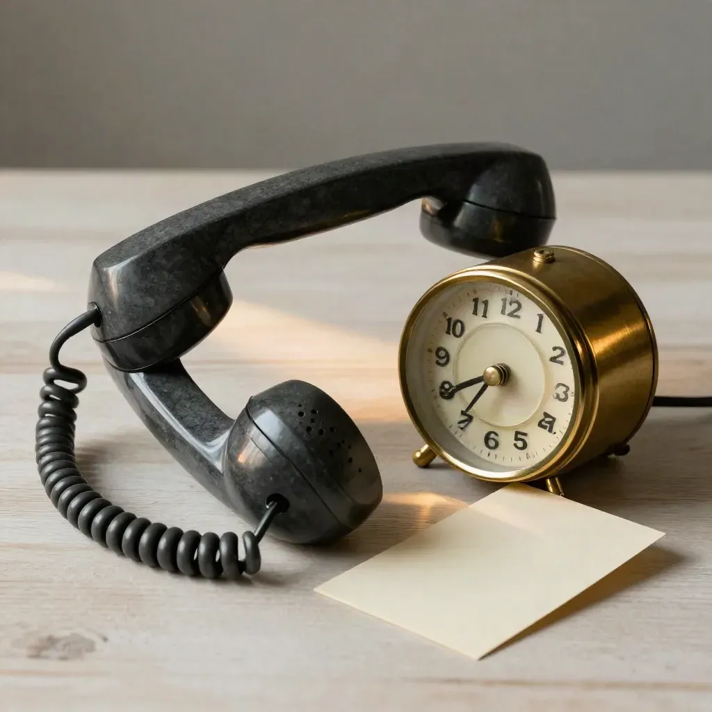 Slate handset, brass clock, and blank card on pale wood in soft side light.