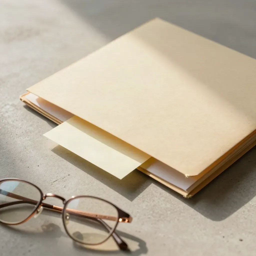 Overhead brief folder, note cards, and copper glasses on pale stone with soft side light.