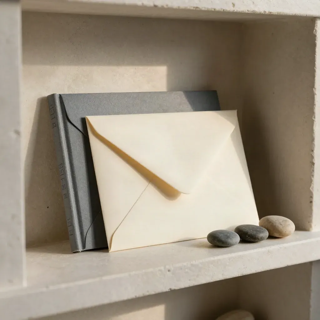 Follow-up envelopes, ledger block and pebble rail on a stone shelf in soft side light.
