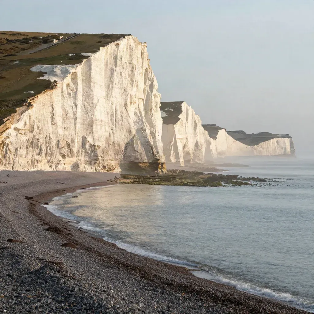 Seven Sisters cliffs in golden sunrise above a quiet pebble shore and hazy Channel