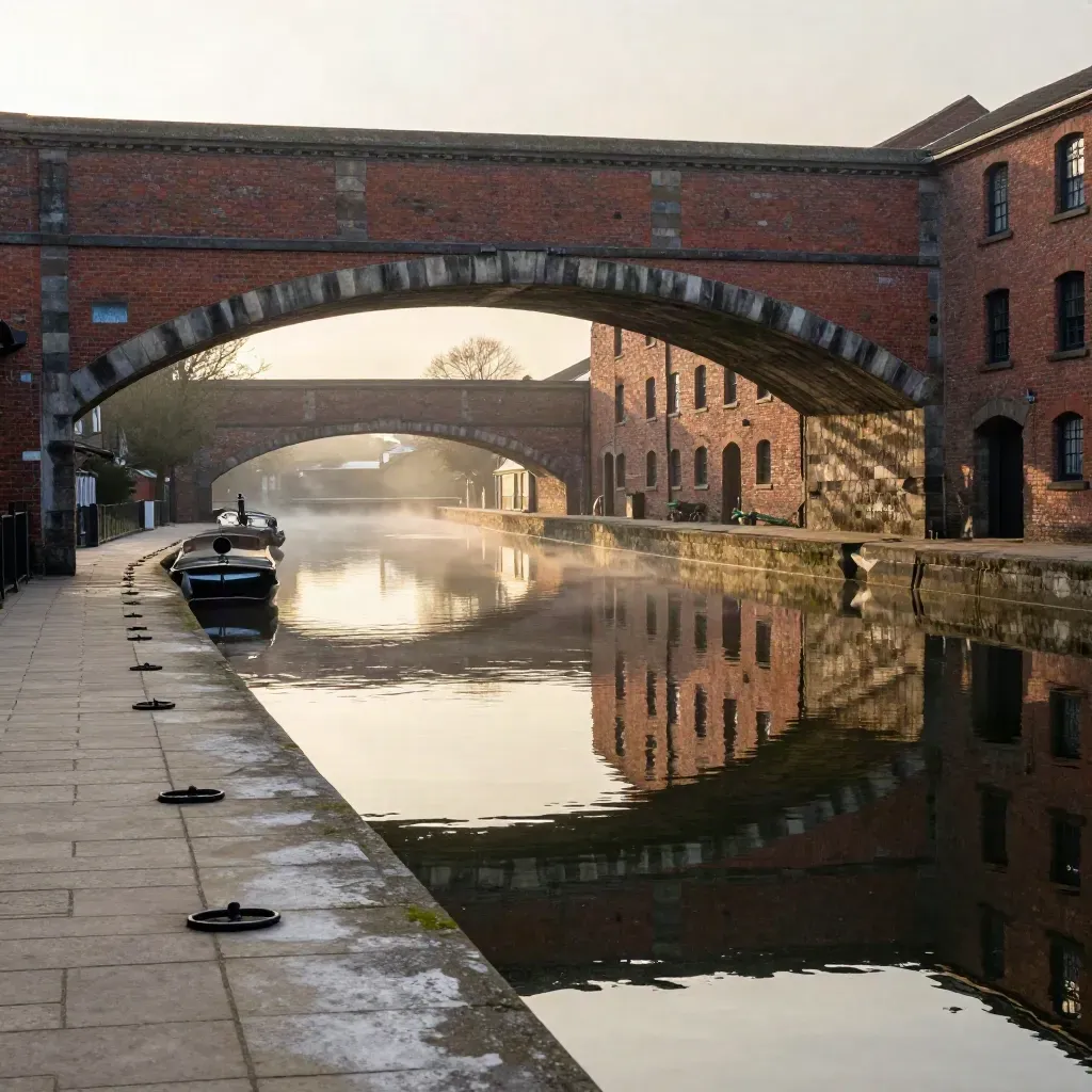 Red-brick Midlands canal basin at dusk with arched bridges and calm reflective water.