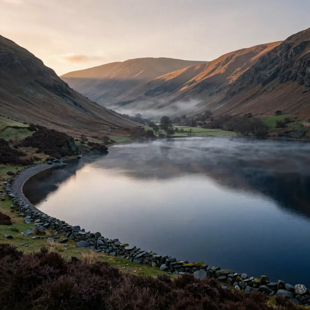 Lake District fells above a mirror-calm tarn at sunset, with misty ridges and open water for copy.