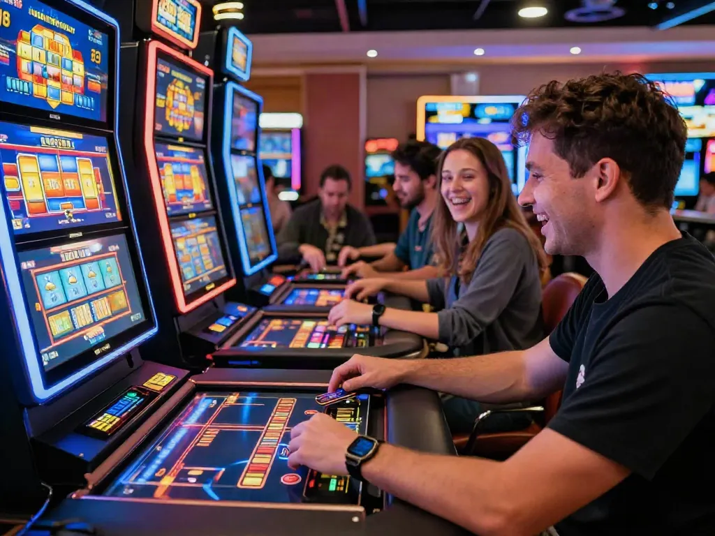 Players enjoying games at credit card casinos, highlighting vibrant slot machines and live dealer tables.