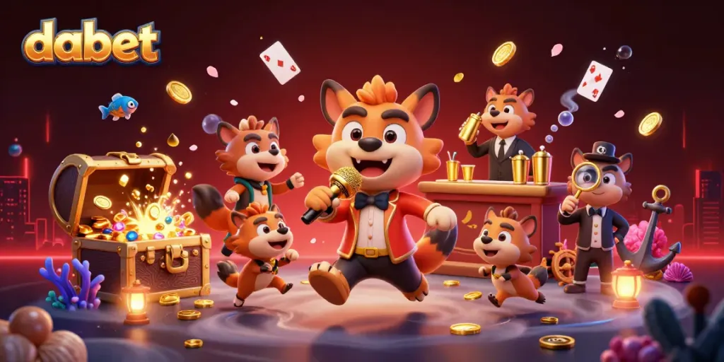 Dabet brings excitement with a lively 3D casino scene featuring hyenas in a comedy club, engaging in cheerful activities.