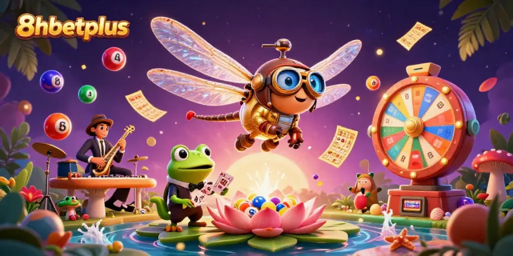 Experience gaming excitement with 8xbetplus at a vibrant lily pad casino featuring colorful lottery elements.