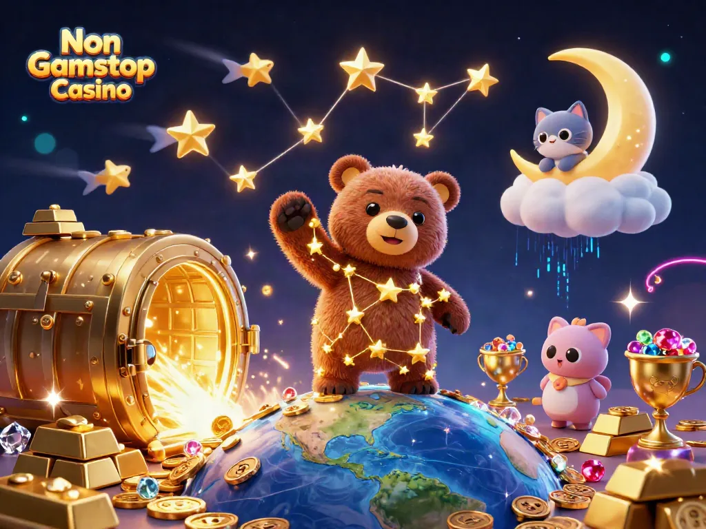 Experience the thrill at Non Gamstop Casino with celestial characters, treasure, and dynamic elements.
