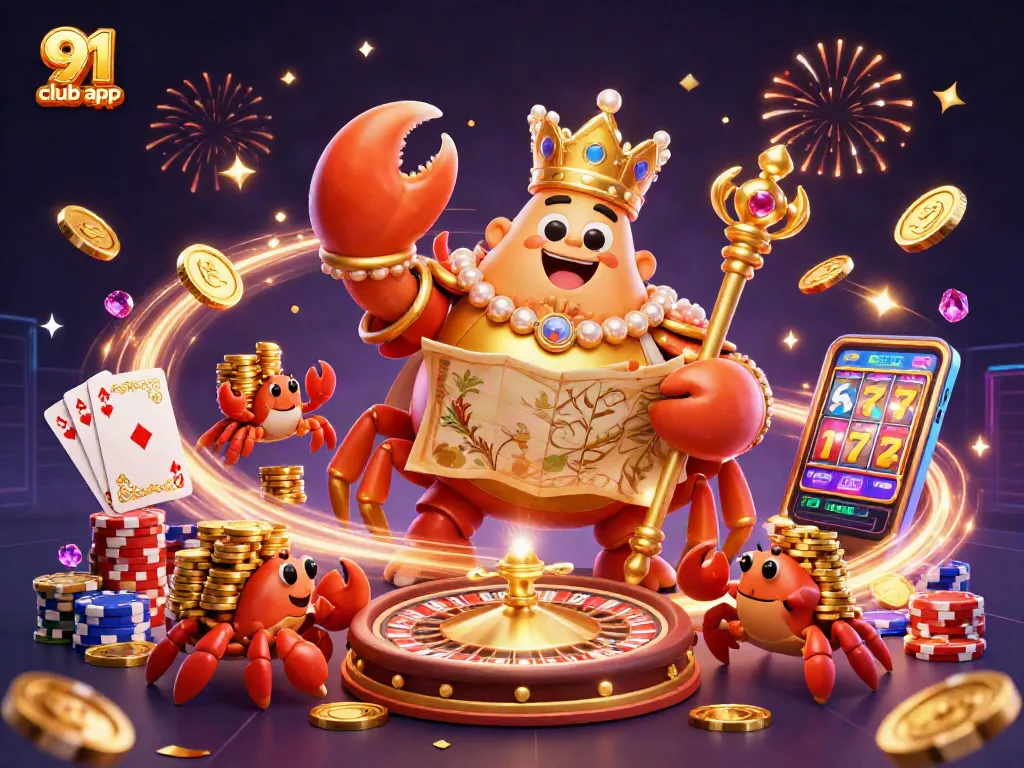 Engage with the thrilling 91 club app featuring a golden crab emperor amidst vibrant casino elements and games.