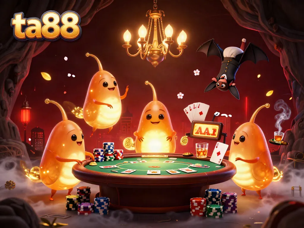 ta88 illuminates the casino scene with cartoon glowworms and bat dealer at poker table
